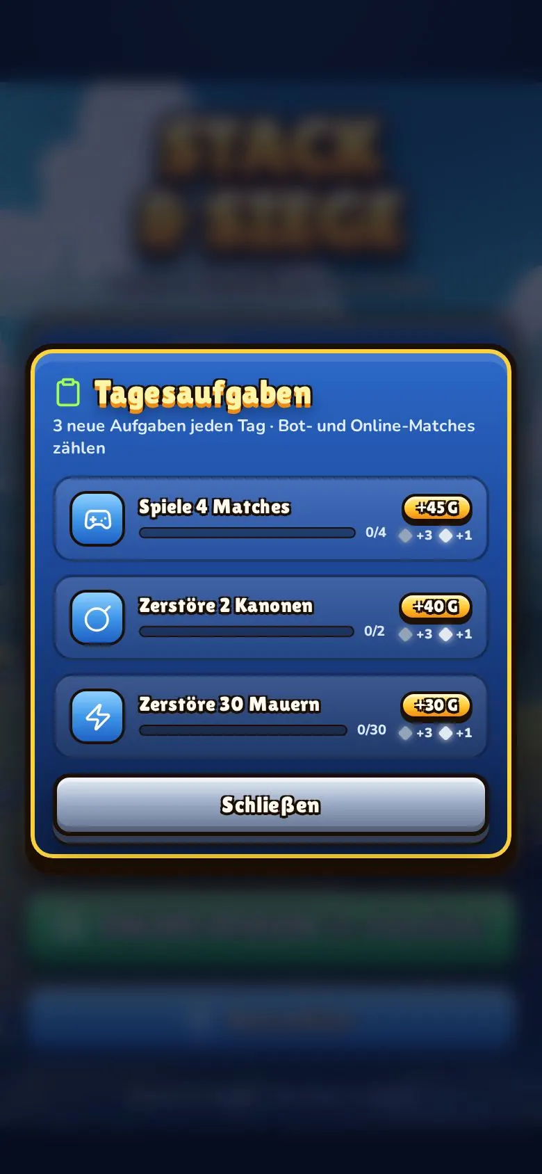 The daily tasks: three assignments with progress and a gold reward to collect.