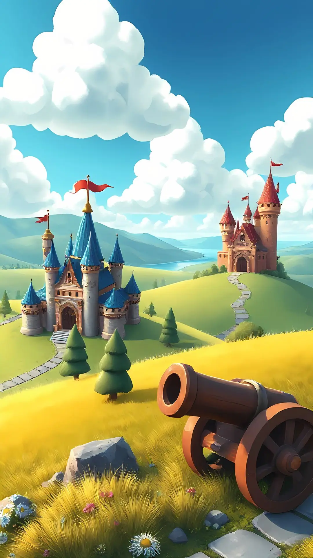 Painted landscape: a fairy-tale castle on green hills under summer clouds, an old cannon in front.