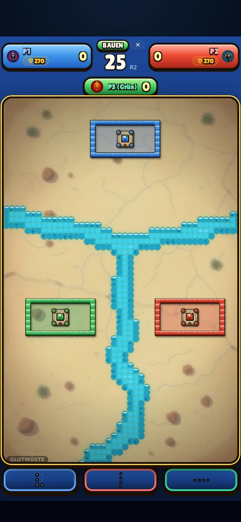 Three players on one device: castles in blue, green and red around a three-armed river.
