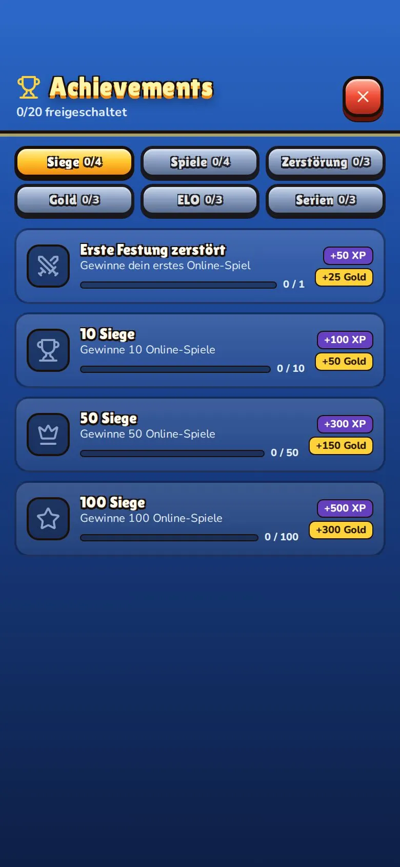 The achievements: a list of earned and open achievements with progress bars.