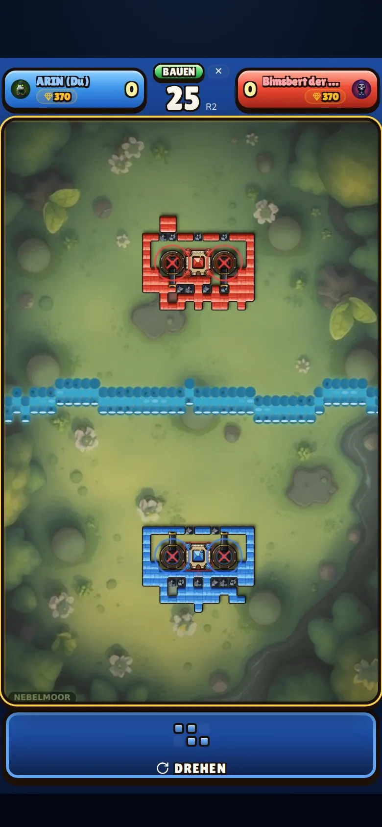 The build phase: two castles above and below a river, the next block previewed at the bottom.