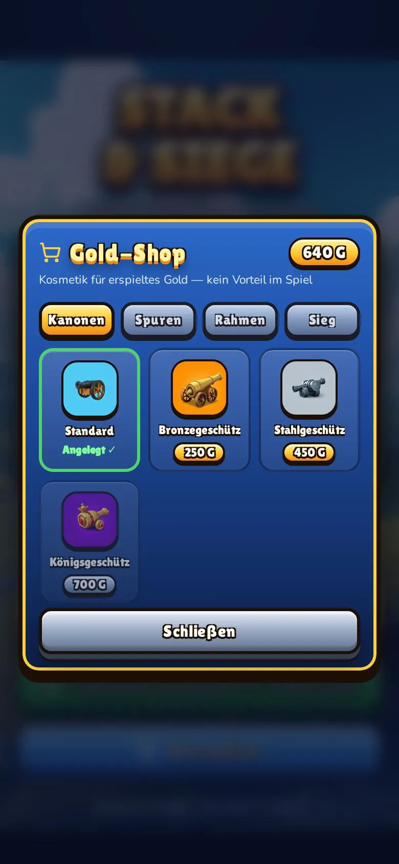 The gold shop: cards for ball trails, profile frames, cannon finishes and victory effects.