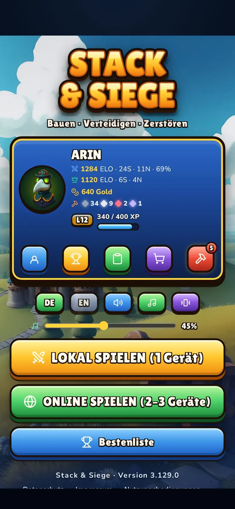 The main menu: player profile with level and rating, below it the buttons for local and online play.