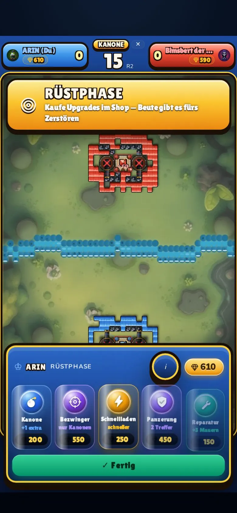 The armory phase: cards for cannon, Slayer, fast reload, armor and repair, each priced in spoils.