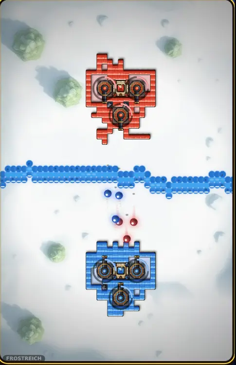Frostreich (Frost Realm): snowy ground with frosted bushes, an ice-blue river and two castles mid-battle.