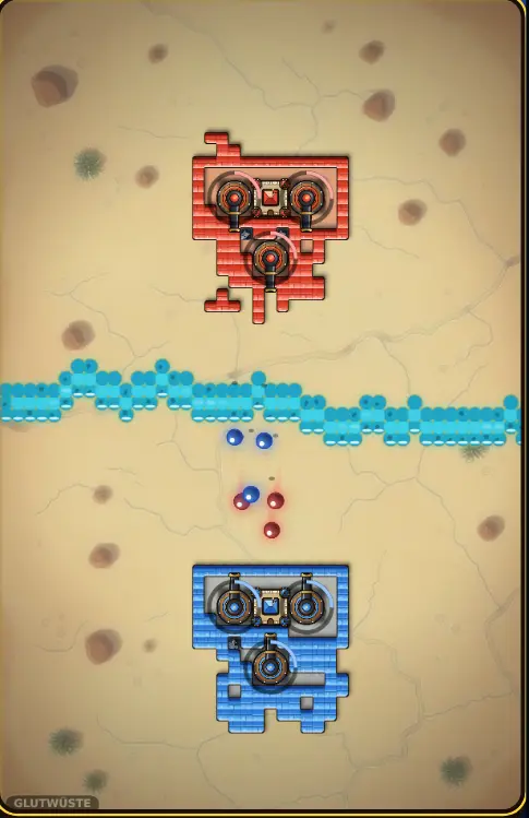 Glutwüste (Ember Desert): cracked pale sand with pebbles, a turquoise river between the red and the blue fortress.