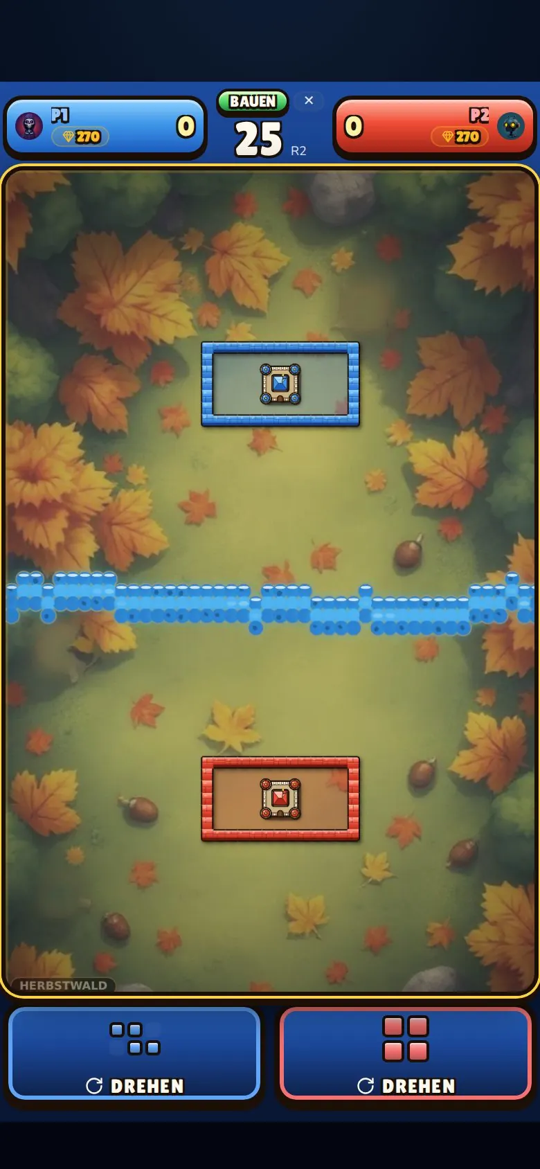 Two players on one device: blue castle at the top, red at the bottom, two block fields side by side.