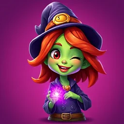 Painted avatar: a winking green-faced witch with red hair and a pointed hat.