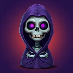 Painted avatar: a grinning skeleton under a violet hood with glowing eyes.